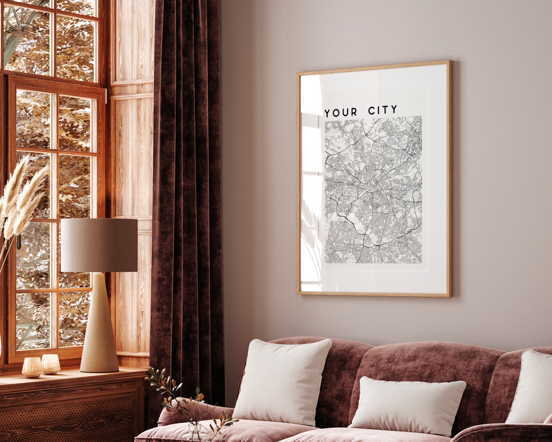 Poster de mapa de ciudad personalizado y enmarcado para decorar